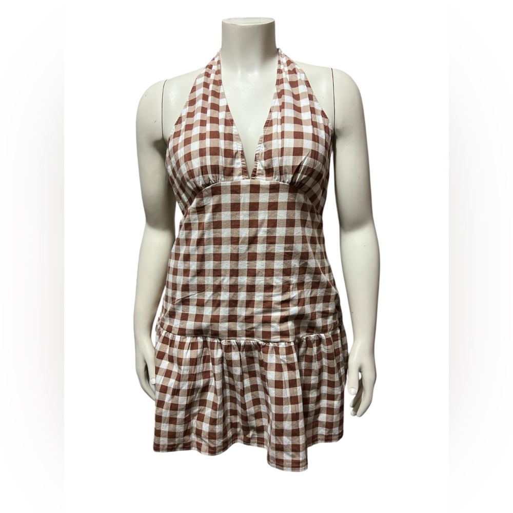 NWT Free People Sz L Cecil Checker Print Halter Neck Mini Dress Open Back Plunge